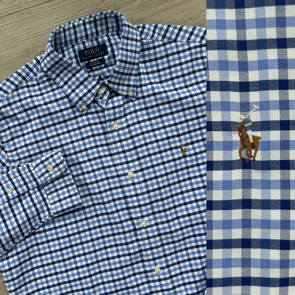 Polo Ralph Lauren Large Performance Blue Plaid Classic Long Sleeve Button Down